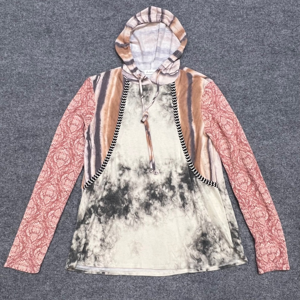 Bucket List Hoodie Women M Multicolor Mixed Media Tie Dye Floral Patchwork Top